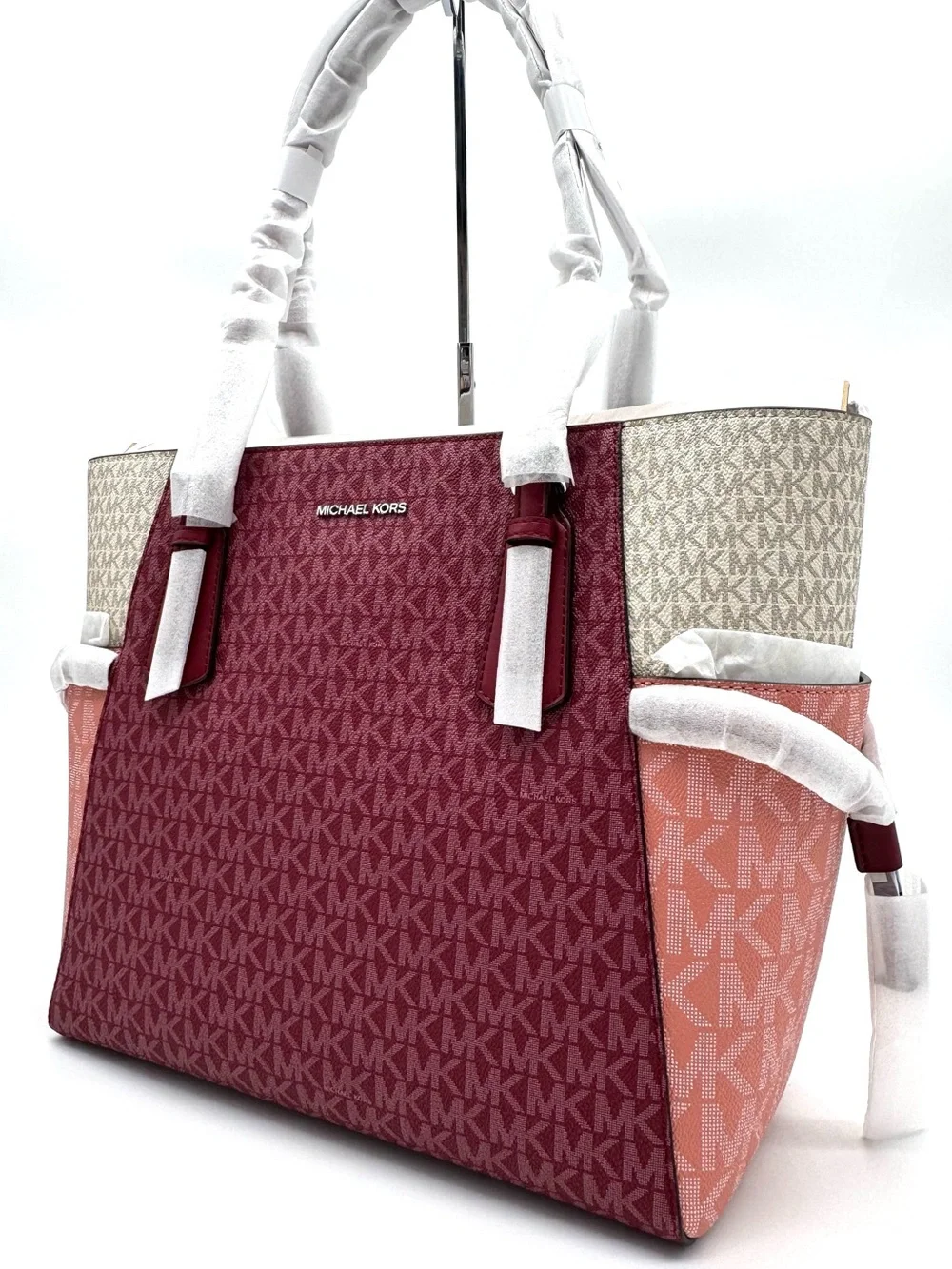 Michael Kors Voyager Large Color-Block Signature Logo Tote Bag - Maroon